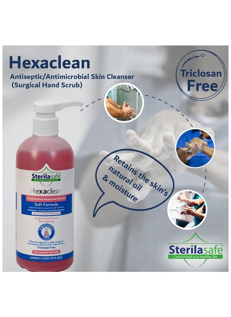 Sterilasafe Sterilasafe HexaClean, Antiseptic, Antibacterial Skin Cleanser, Surgical Hand Scrub, Soft Formula, Chlorhexidine gluconate 4% with isopropyl Alcohol 4%, Liquid Soap,1000 ML  - Image 3