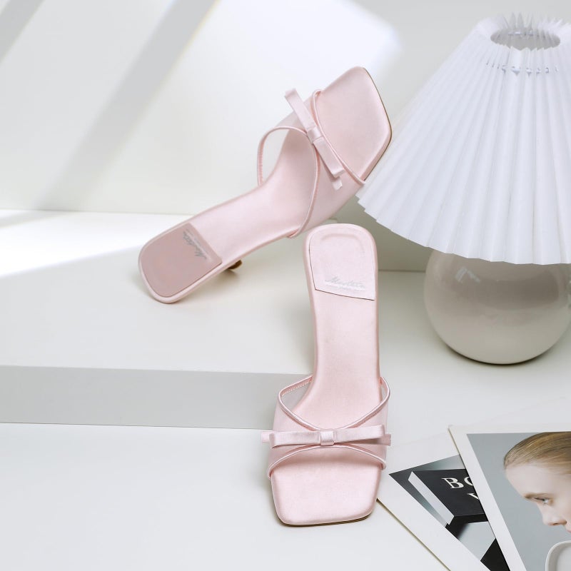 Mostrin Pink Mesh Kitten Heels for Women Open Square Toe Mule Heeled Sandals with Bow Slip On Backless Dress Shoes for Wedding Party Holiday Size 7 - Image 3