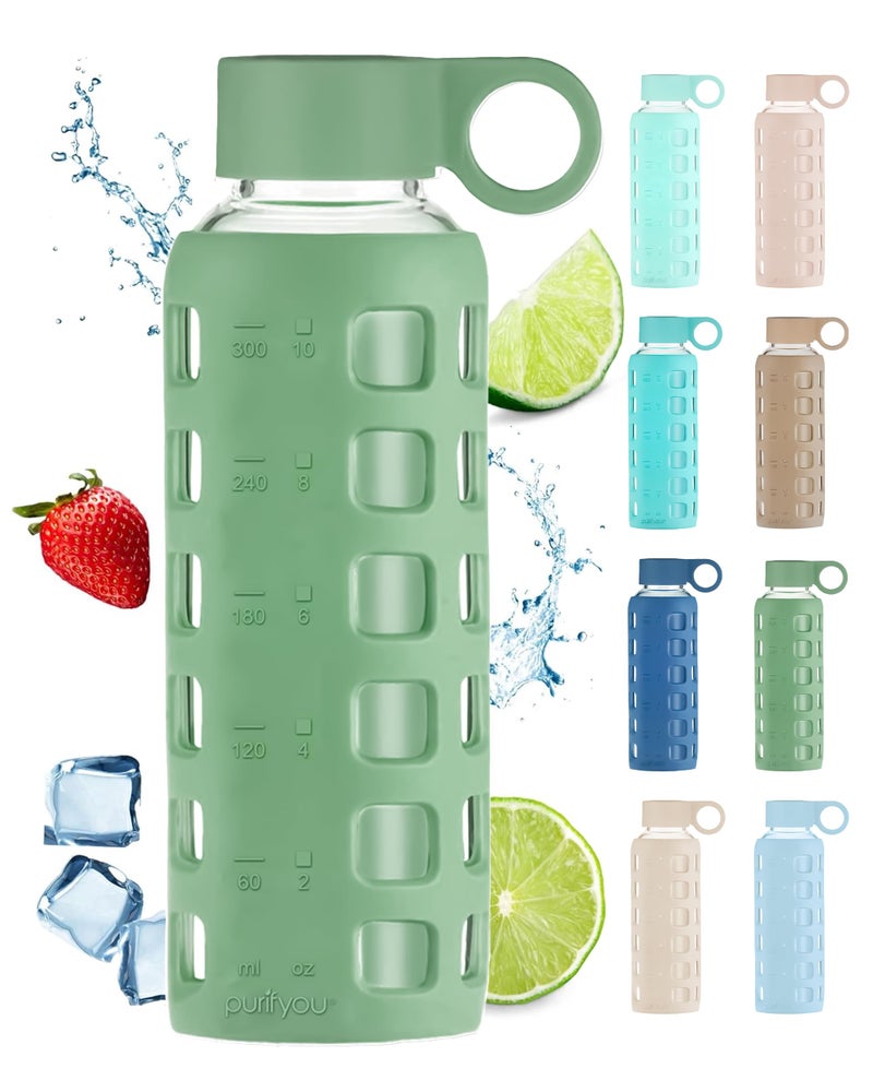 Purifyou 40/32/22/12 Oz Borosilicate Glass Water Bottles With Volume & Times To Drink  Silicone Sleeve & Stainless Steel Lid Insert  Reusable Bottle For Fridge Water  Milk  Juice (12Oz Shale Green) - Image 1