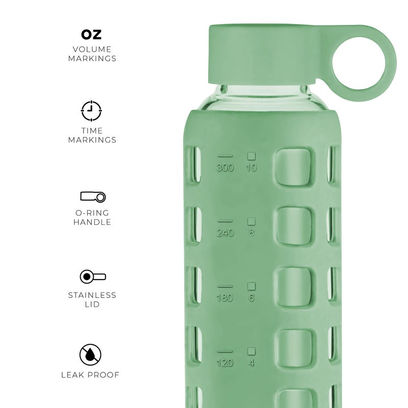 Purifyou 40/32/22/12 Oz Borosilicate Glass Water Bottles With Volume & Times To Drink  Silicone Sleeve & Stainless Steel Lid Insert  Reusable Bottle For Fridge Water  Milk  Juice (12Oz Shale Green) - Image 3