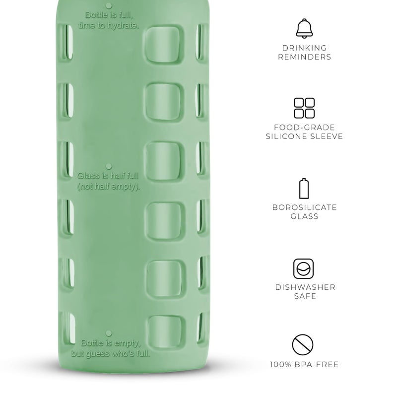 Purifyou 40/32/22/12 Oz Borosilicate Glass Water Bottles With Volume & Times To Drink  Silicone Sleeve & Stainless Steel Lid Insert  Reusable Bottle For Fridge Water  Milk  Juice (12Oz Shale Green) - Image 4