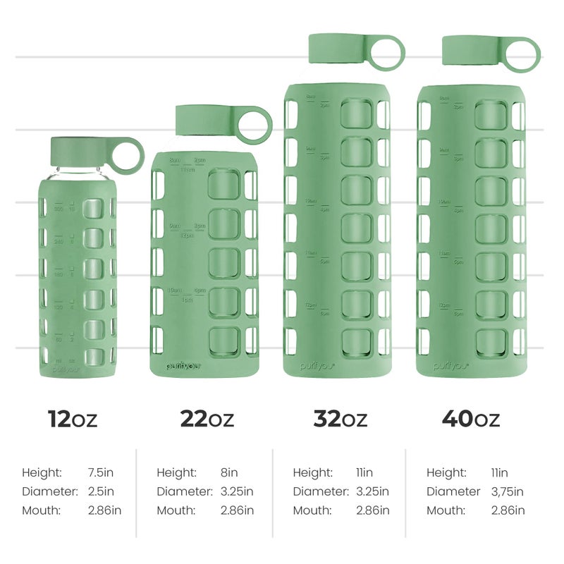 Purifyou 40/32/22/12 Oz Borosilicate Glass Water Bottles With Volume & Times To Drink  Silicone Sleeve & Stainless Steel Lid Insert  Reusable Bottle For Fridge Water  Milk  Juice (12Oz Shale Green) - Image 2