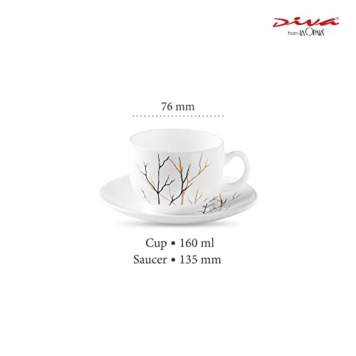 La Opala Diva, Opal Glass Crockery | Cup & Saucer Iris Regular, Set of 12 | Golden Fall, 160 ml | for Tea & Coffee | Microwave Safe | 100% Vegetarian | Extra Strong | Super Light | Super White - Image 2