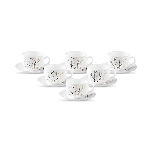 La Opala Diva, Opal Glass Crockery | Cup & Saucer Iris Regular, Set of 12 | Golden Fall, 160 ml | for Tea & Coffee | Microwave Safe | 100% Vegetarian | Extra Strong | Super Light | Super White - Image 1