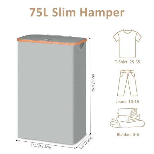 Vincona Slim Laundry Basket with Lid, Narrow Dirty Clothes Hampers for Laundry with Handle, Skinny Laundry Bin for Laundry Room, Dorm, Bedroom and Bathroom, 19.8 Gallon (75L) Silver Grey - Image 3