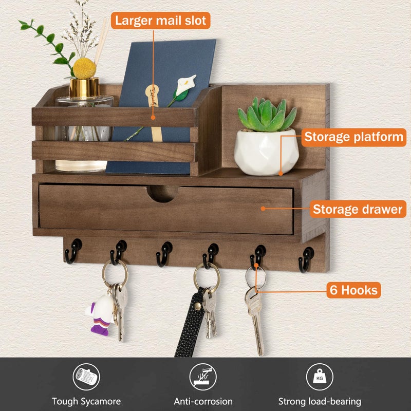 dreampossible Key and Mail Holder for Wall, Mail Organizer Wall Mount with 6 Hooks and Storage Drawer, Wooden Key Rack Hanger with Shelf for Entryway and Home Decor - Image 2