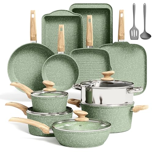 Kitchen Academy 17 Pieces Induction Cookware Set with Griddle, Green Granite Pots and Pans Set Non Stick, Healthy Nonstick Cooking Pans Set - Image 1