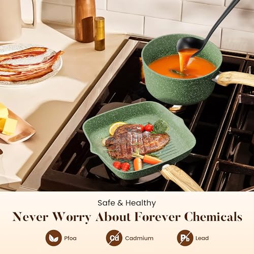 Kitchen Academy 17 Pieces Induction Cookware Set with Griddle, Green Granite Pots and Pans Set Non Stick, Healthy Nonstick Cooking Pans Set - Image 3