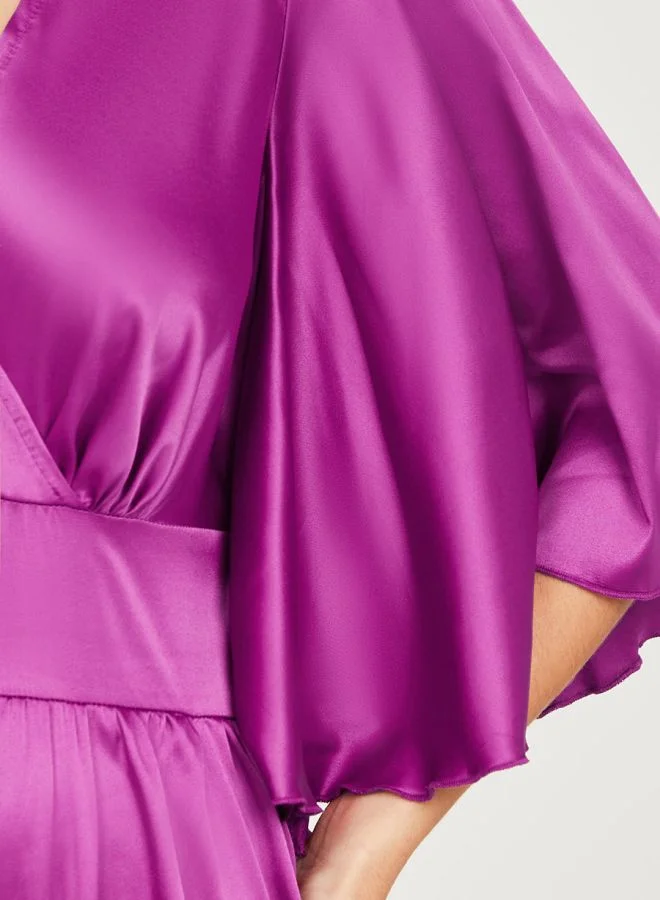 Styli Flute Sleeve Layered Satin Maxi Dress