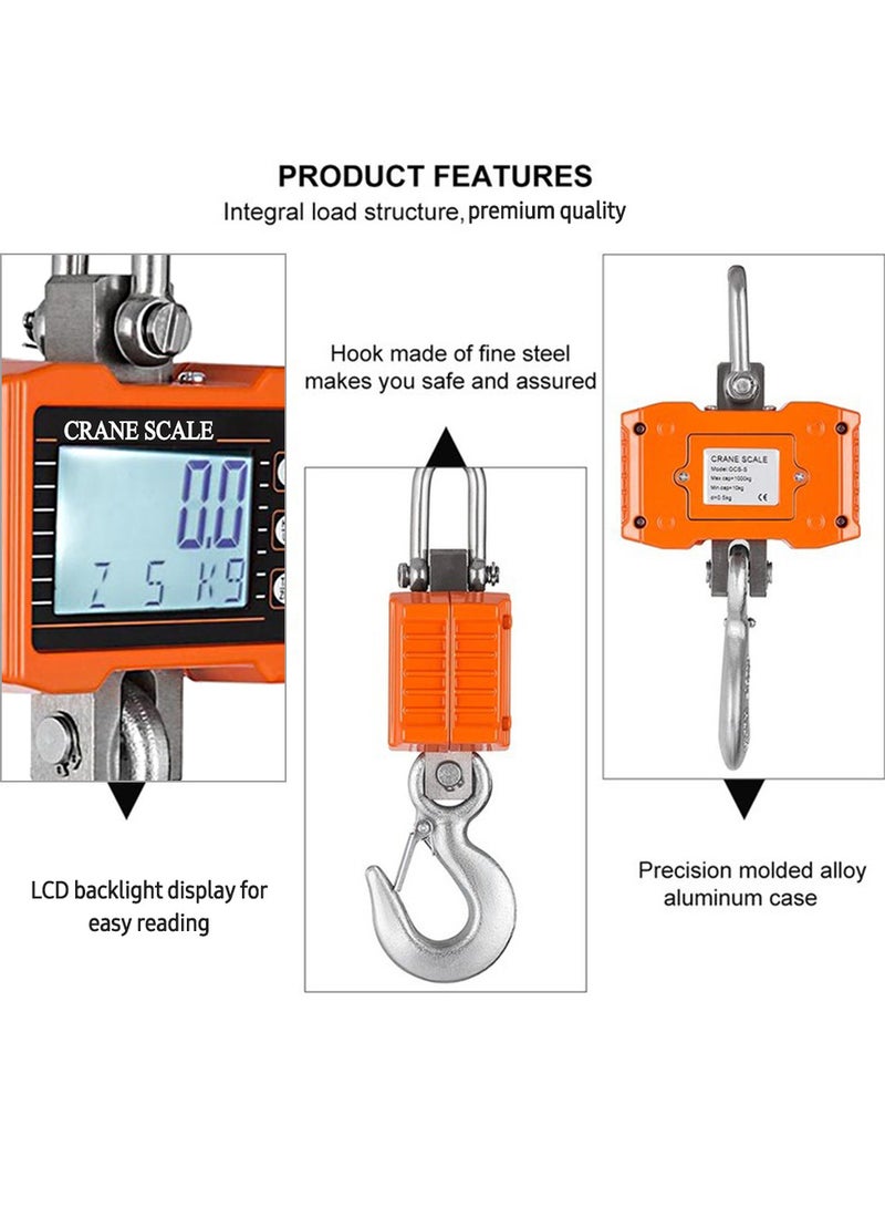 Digital Hanging Scale 1000kg/ 2000lbs Portable Heavy Duty Crane Scale LCD Backlight Industrial Hook Scales Unit Change/ Data Hold/ Tare/ Zero for Construction Site Travel Market Fishing Outdoor Work - Image 2
