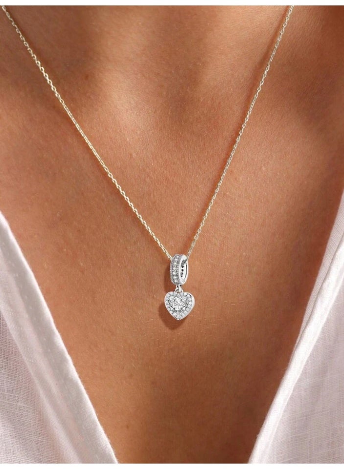 925 Sterling Silver Charms Delicate Luxurious Pendant Necklace Crafted From 925 Sterling Silver With High Quality And Precision It Features A Central Ring Studded With Tiny Crystals From Which Hangs A Heart Shaped Pendant Fully Adorned With Tiny Sparkling Crystals On The Frame In The Middle Is A Large Sparkling Heart Shaped Zircon Crystal Stone That Adds A Wonderful Visual Dimension And Reflects Light Brilliantly Giving The Princess She Deserves A Stunning Look - Image 2