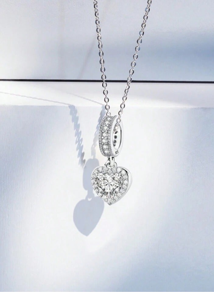 925 Sterling Silver Charms Delicate Luxurious Pendant Necklace Crafted From 925 Sterling Silver With High Quality And Precision It Features A Central Ring Studded With Tiny Crystals From Which Hangs A Heart Shaped Pendant Fully Adorned With Tiny Sparkling Crystals On The Frame In The Middle Is A Large Sparkling Heart Shaped Zircon Crystal Stone That Adds A Wonderful Visual Dimension And Reflects Light Brilliantly Giving The Princess She Deserves A Stunning Look - Image 3