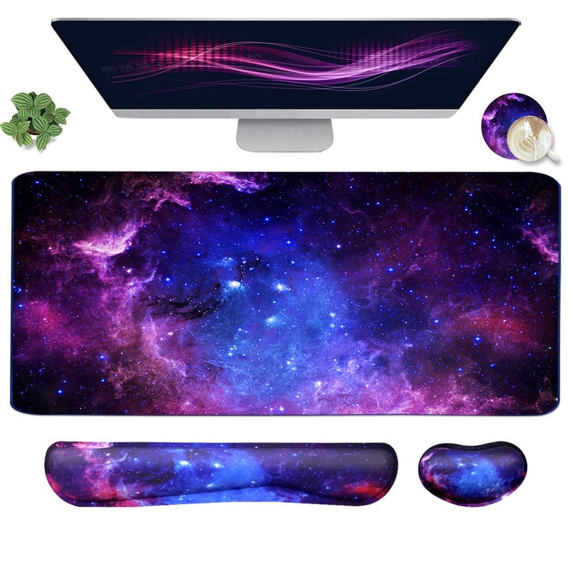 Yunoble Large Mouse Pad and Keyboard Wrist Rest, Desk Pad for Keyboard and Mouse, 4-in-1 Large Gaming Mouse Pad with Wrist Support, Desk Mat for Home Office Study Game-Galaxy Fluid - Image 1
