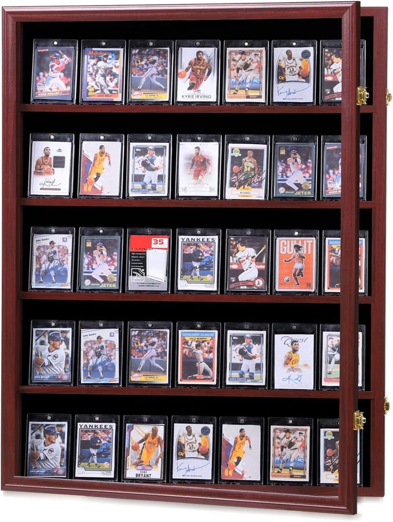 Temgee 35 Baseball Card Display Case - Lockable Sports Graded Card Display Case Wall Mount with UV Protection Acrylic Door for Baseball Basketball Football Hockey Trading Card Collection (Mahogany) - Image 1