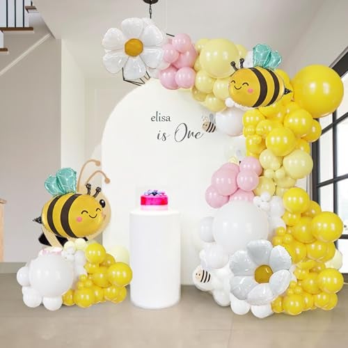 besttideyes Bee Balloons Garland Arch Kit 134 pcs yellow pestal pink balloon Arch with bee daisy balloons for Baby Shower Lemonade Birthday Honeybee Party Decor - Image 1