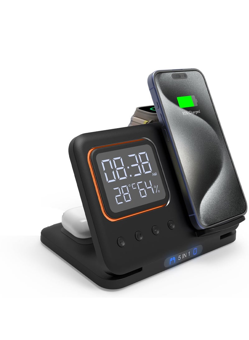 SYOSI Foldable Wireless Charger, Fit for iPhone Charging Station with Clock, Travel Charger, for Multiple Devices Apple, Compatible with iPhone 15 14 Pro Max 13 12 / Watch 9 8 7 6 Se / Airpods 3 2 Pro - Image 1
