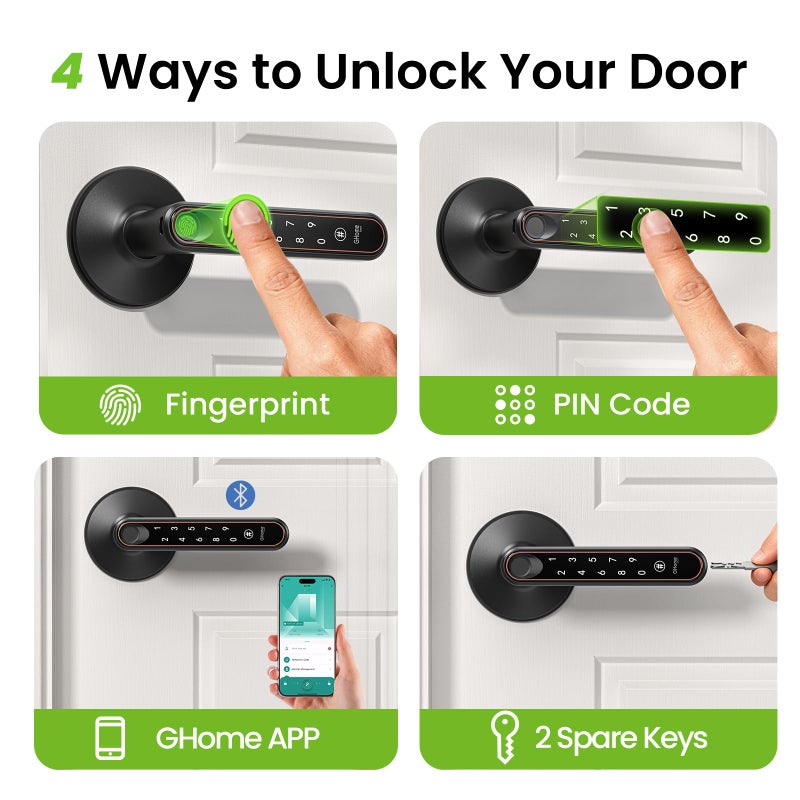 GHome Smart Fingerprint Door Lock with Knob 4 in 1 Keyless Entry Door Locks with Keypad Unlocking by Fingerprint, APP, Passcode and Keys for Bedroom Home Hotel Easy Installation Door Knob - Image 2