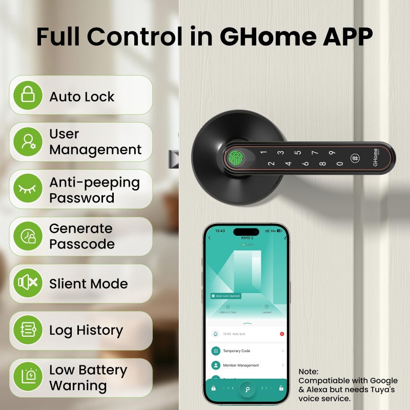 GHome Smart Fingerprint Door Lock with Knob 4 in 1 Keyless Entry Door Locks with Keypad Unlocking by Fingerprint, APP, Passcode and Keys for Bedroom Home Hotel Easy Installation Door Knob - Image 4