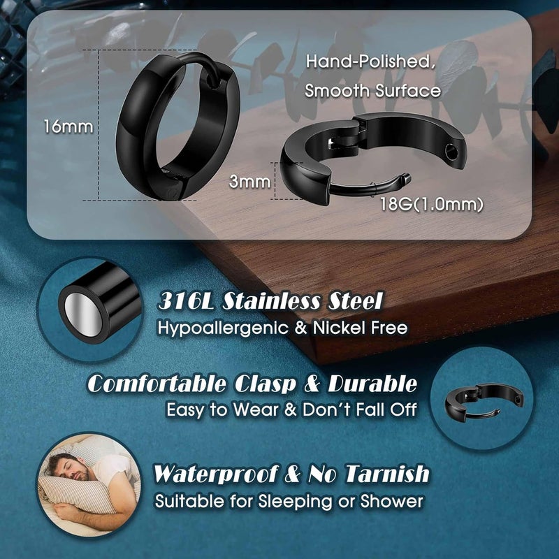 Jstyle Hypoallergenic Small Hoop Earrings for Men Women 316L Surgical Stainless Steel Gold/Silver/Black Hoop Earrings for Sensitive Ears Mens Hoop Huggie Earrings Ear Piercing Jewelry Set 12/16/20mm - Image 5