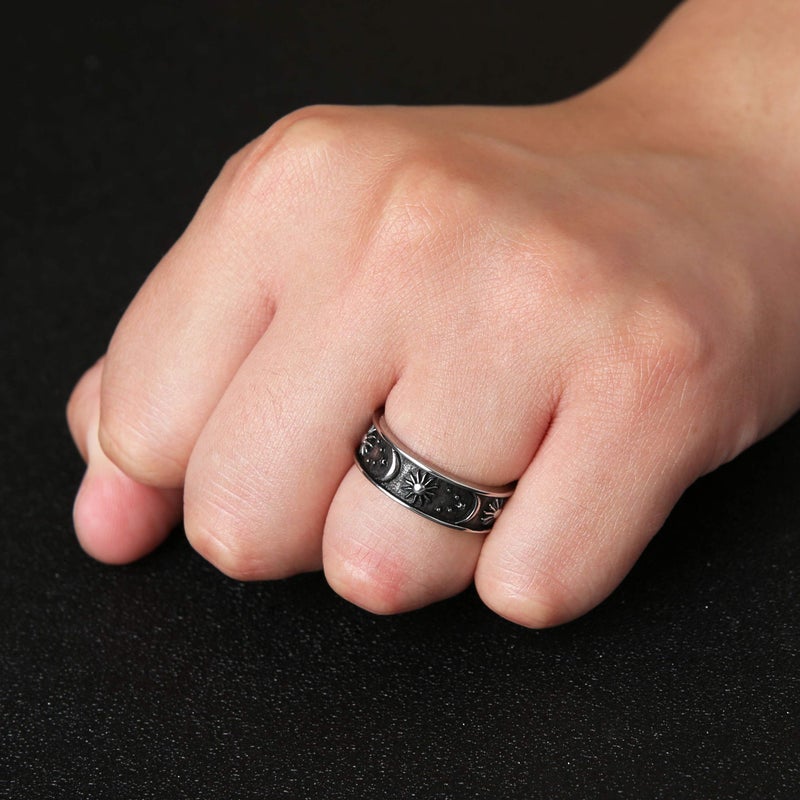 HZMAN 8mm Moon Star Sun Statement Ring Stainless Steel Boho Jewelry for Women Men (Silver, 9) - Image 5