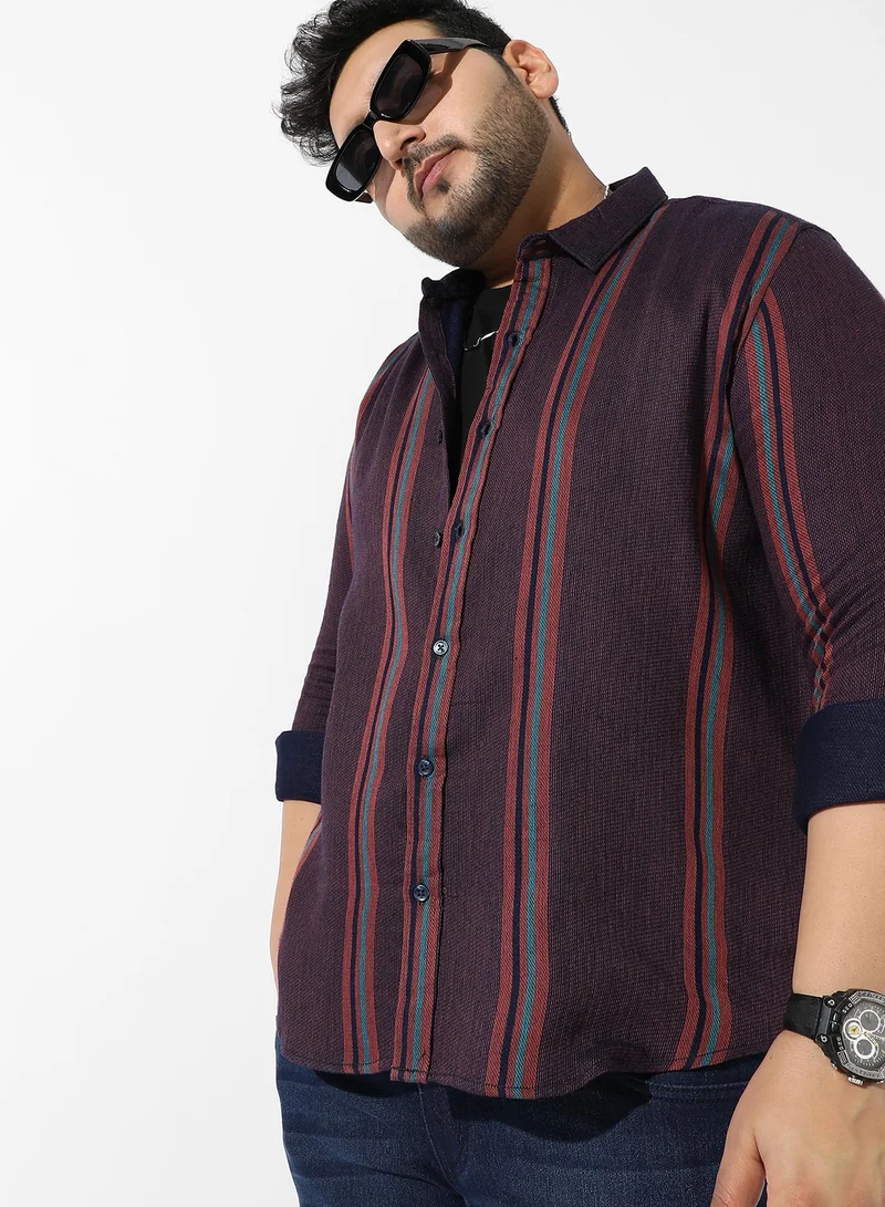 Instafab Plus Men's Maroon Striped Regular Fit Casual Shirt