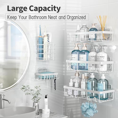 Liuoud 5 Pack Shower Caddy Organizer Rack Shelf for Inside Shower, Self Adhesive Wall Storage Basket Rustproof Stainless Steel Shampoo Holder Bathroom Accessory Decor Set, White - Image 2