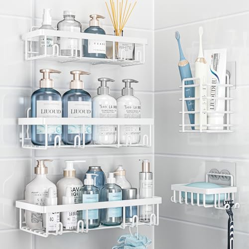 Liuoud 5 Pack Shower Caddy Organizer Rack Shelf for Inside Shower, Self Adhesive Wall Storage Basket Rustproof Stainless Steel Shampoo Holder Bathroom Accessory Decor Set, White - Image 1