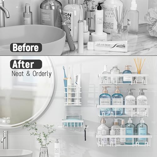 Liuoud 5 Pack Shower Caddy Organizer Rack Shelf for Inside Shower, Self Adhesive Wall Storage Basket Rustproof Stainless Steel Shampoo Holder Bathroom Accessory Decor Set, White - Image 5