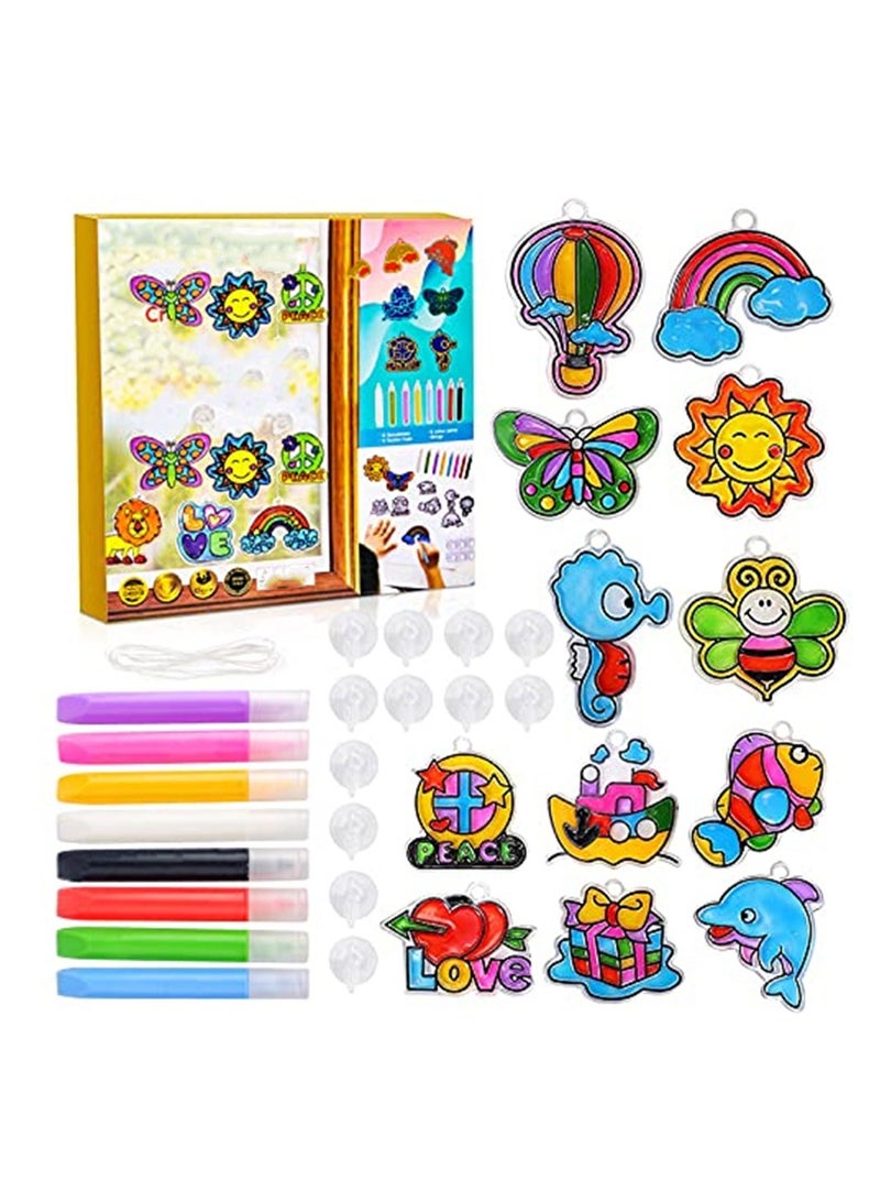 KASTWAVE Painted Window Art for Kids Suncatcher Kit, Creative Color Adhesive Painting Includes 12 Pattern, 8 Colored Gel Pens, DIY Stained Acrylic Painting Toys for Girls Childern - Image 1