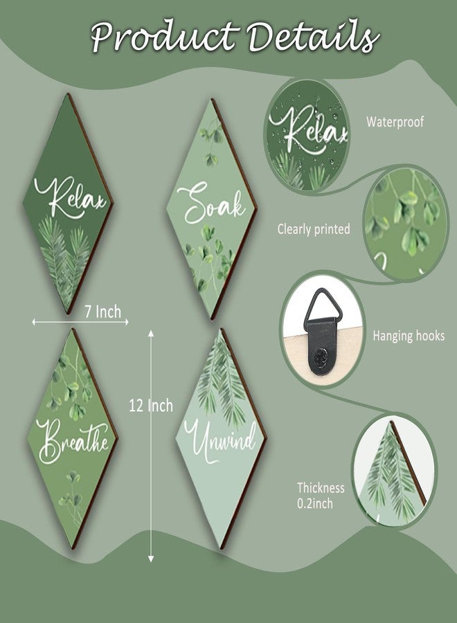 DONFENTHY 4 Pcs Sage Green Bathroom Decor Green Bathroom Accessories Relax Soak Unwind Breathe Wooden Sign Hanging Wall Art for Bedroom Living Room Office Decorations(12x7 Inches) - Image 2