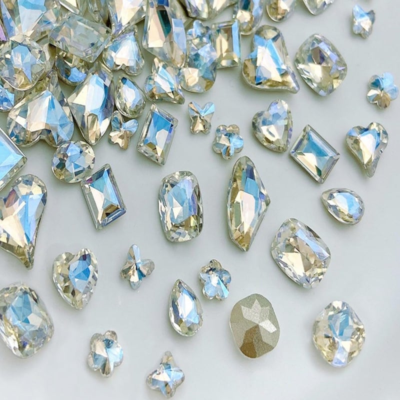 KDCQAH 48 Pcs Big Mix Sizes Different Shape Nail Rhinestones 12 Styles 3D Glass Crystals Diamonds Love Distorts Heart Super Shiny Charms Gems Stones DIY Nail Art Decoration Craft Jewelry (Sparkle White) - Image 1