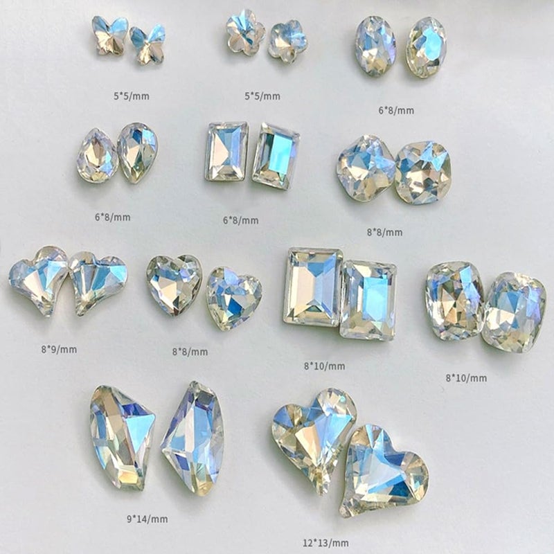 KDCQAH 48 Pcs Big Mix Sizes Different Shape Nail Rhinestones 12 Styles 3D Glass Crystals Diamonds Love Distorts Heart Super Shiny Charms Gems Stones DIY Nail Art Decoration Craft Jewelry (Sparkle White) - Image 2