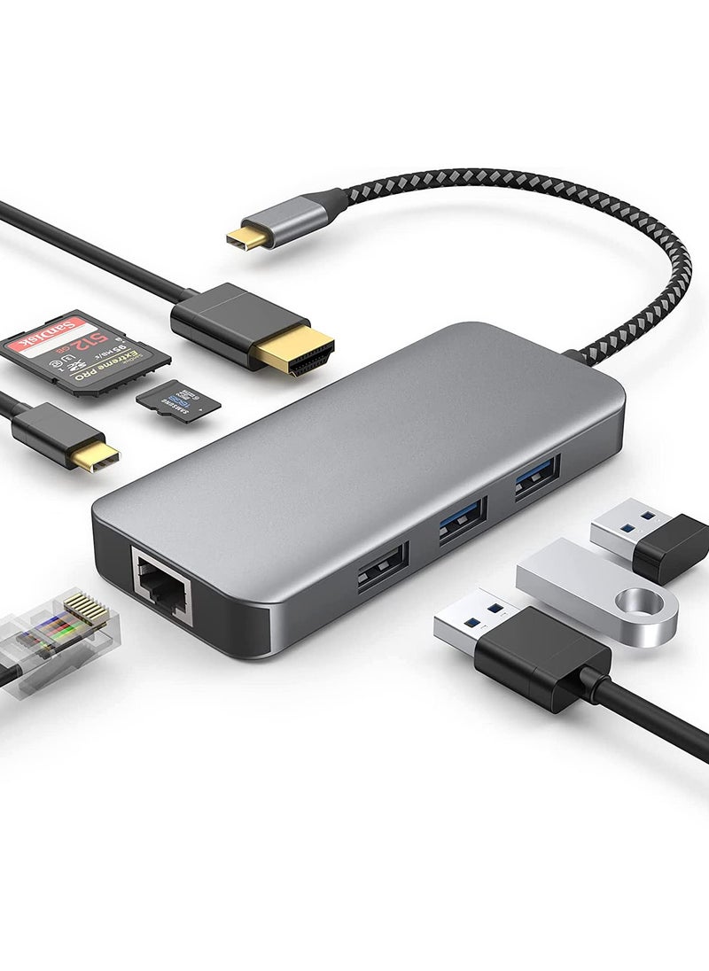 إيروريكس موزع USB C 8 في 1 مع محول HDMI 4K، ومنفذ إيثرنت بسرعة 1000 ميجا بت في الثانية، وشحن PD بقوة 100 وات، وقارئ بطاقات SD 3.0 وTF 3.0، ومنفذ USB 3.0 ومنفذ USB 2.0 للكمبيوتر المحمول USB-C وجهاز من النوع C  - Image 1