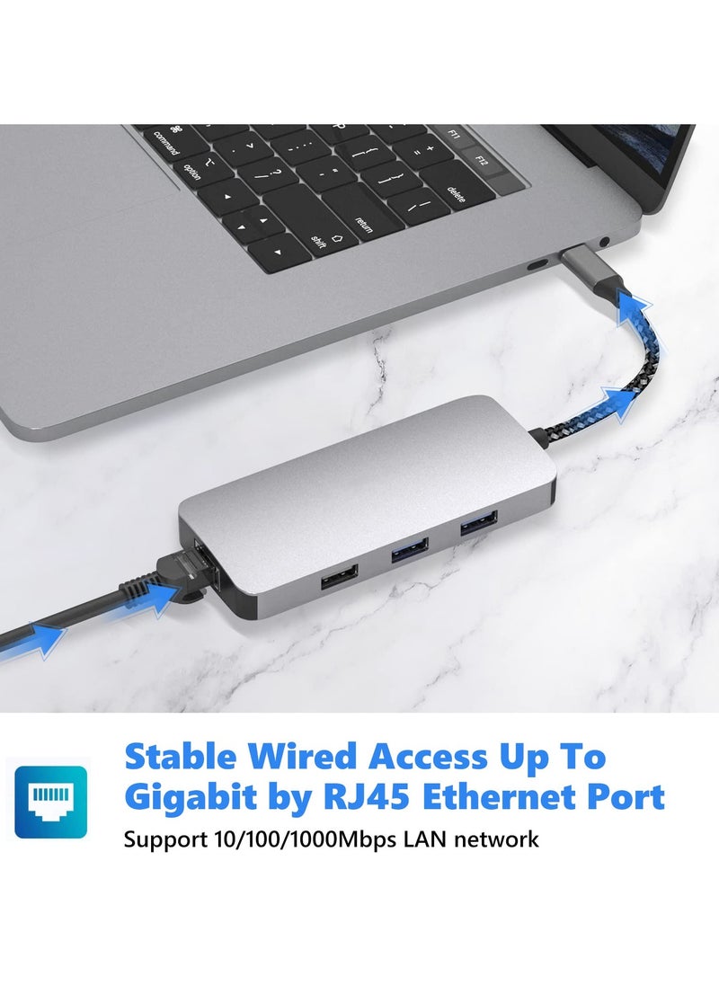 إيروريكس موزع USB C 8 في 1 مع محول HDMI 4K، ومنفذ إيثرنت بسرعة 1000 ميجا بت في الثانية، وشحن PD بقوة 100 وات، وقارئ بطاقات SD 3.0 وTF 3.0، ومنفذ USB 3.0 ومنفذ USB 2.0 للكمبيوتر المحمول USB-C وجهاز من النوع C  - Image 3