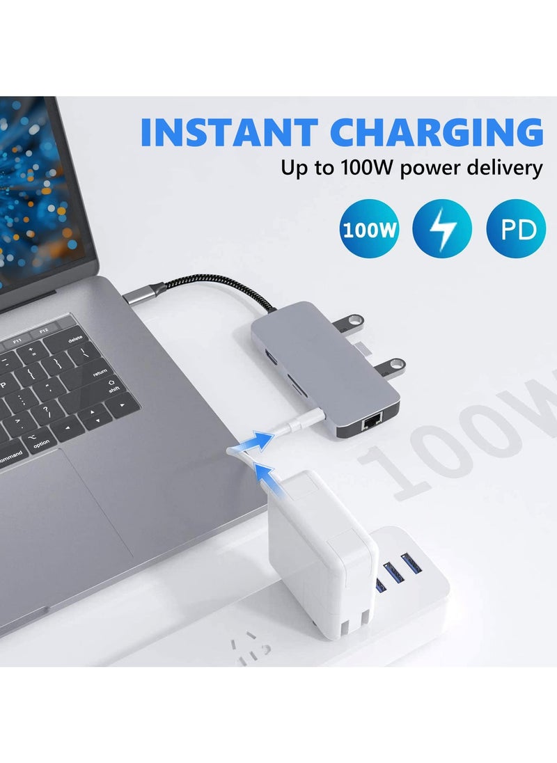 إيروريكس موزع USB C 8 في 1 مع محول HDMI 4K، ومنفذ إيثرنت بسرعة 1000 ميجا بت في الثانية، وشحن PD بقوة 100 وات، وقارئ بطاقات SD 3.0 وTF 3.0، ومنفذ USB 3.0 ومنفذ USB 2.0 للكمبيوتر المحمول USB-C وجهاز من النوع C  - Image 5