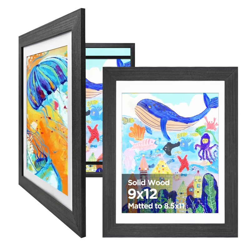 مجموعة إطارات فنون الأطفال KINLINK 9x12 من الخشب الصلب، مجموعة من 2، إطارات فنون الأطفال قابلة للتغيير مع واجهة أكريليك، تحمل 150 صورة، إطارات فنون للأطفال مع إطار أو بدون إطار، خشب أسود