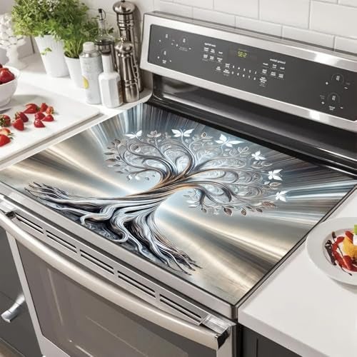 HOMETITUTE Silver Tree Stove Top Covers Pad Kitchen Decorations Dish Drying Mat 28 x 20 inches Tree of Life Coffee Bar Mats Absorbent Pad Fit Coffee Maker Machine Dish Drying Kitchen Decor - Image 1