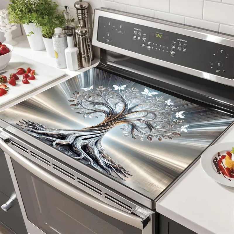 HOMETITUTE Silver Tree Stove Top Covers Pad Kitchen Decorations Dish Drying Mat 28 x 20 inches Tree of Life Coffee Bar Mats Absorbent Pad Fit Coffee Maker Machine Dish Drying Kitchen Decor - Image 2