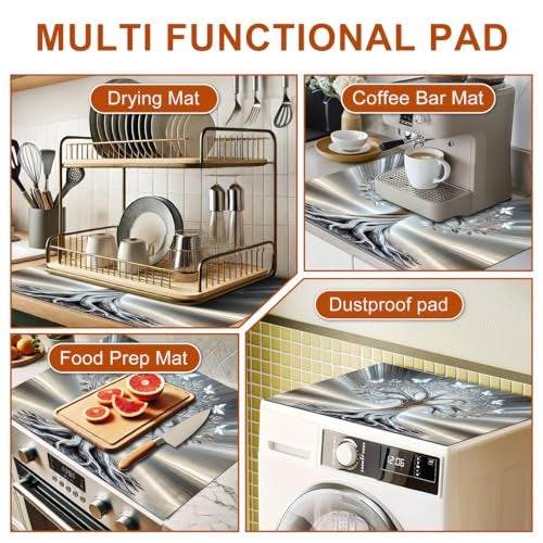 HOMETITUTE Silver Tree Stove Top Covers Pad Kitchen Decorations Dish Drying Mat 28 x 20 inches Tree of Life Coffee Bar Mats Absorbent Pad Fit Coffee Maker Machine Dish Drying Kitchen Decor - Image 3