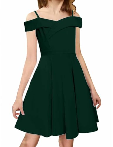 LuckyShe Tween Girls Elegant Princess Cold Shoulder Fold Pleated High Waist Flared A Line Formal Party Dresses,Emerald Green,11-12 Years - Image 2