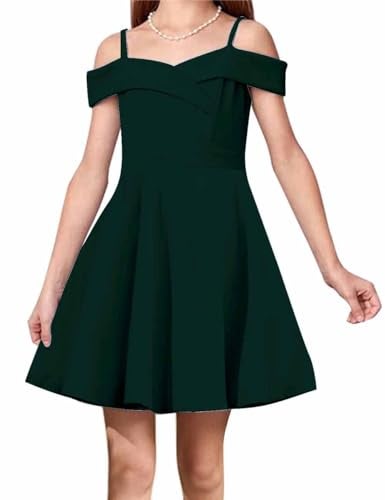LuckyShe Tween Girls Elegant Princess Cold Shoulder Fold Pleated High Waist Flared A Line Formal Party Dresses,Emerald Green,11-12 Years - Image 1