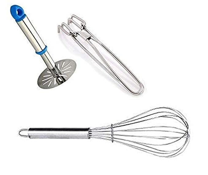 STAINLESS STEEL WIRE PAKKAD SANSIPINCER AND MASHER PACK OF 3 KITCHEN ACCESSORIES FOR COOKING PACK OF 3 STAINLESS STEEL KITCHEN CUTLERY FOR HOME SILVER FINISH