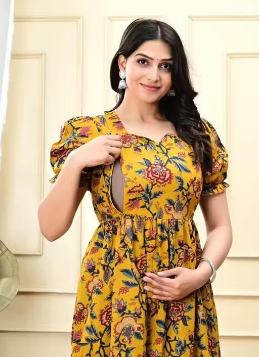 ASSUME FAB Women's Viscose Cotton Maternity Kurti for Feeding Zippers Yellow(Large - Image 4