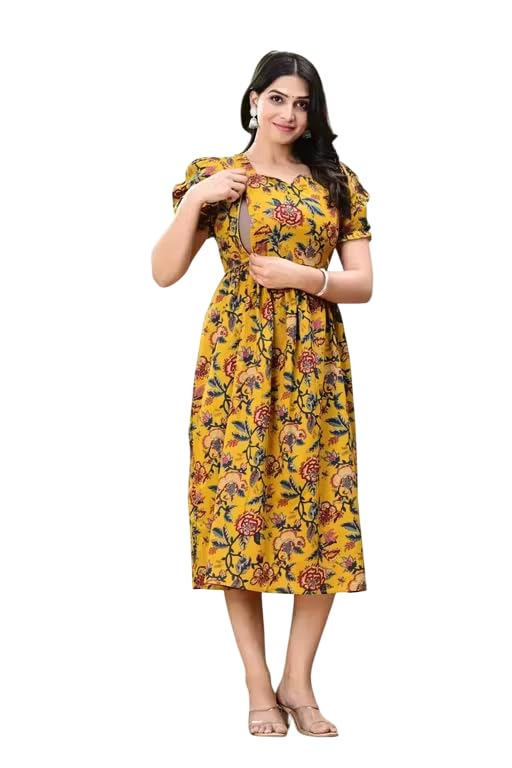 ASSUME FAB Women's Viscose Cotton Maternity Kurti for Feeding Zippers Yellow(Large - Image 1