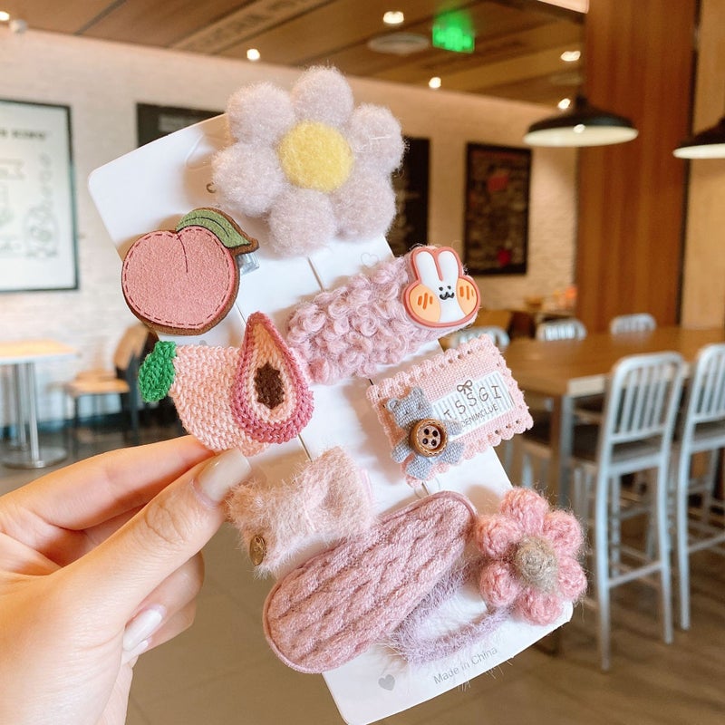 Generic Wool knitted hair accessories set childrens bangs clip cloth does not hurt hair duck bill clip cute cartoon side clip hairpin 8# Korean pink flower 8-piece set