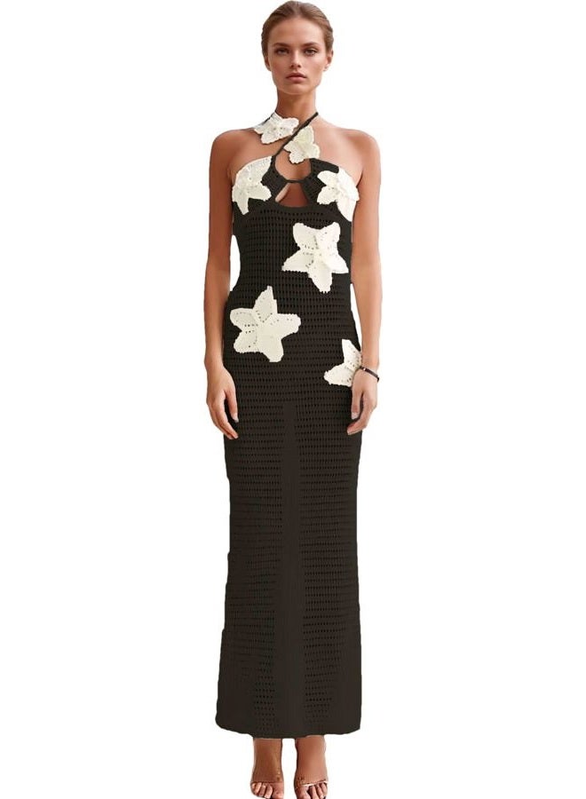 Women's Halter 3D Flower Knitted Hollow Out Beach Dress balckless Open Back Swimsuit Cover up Holiday Party Dress, Black+white Flower, S