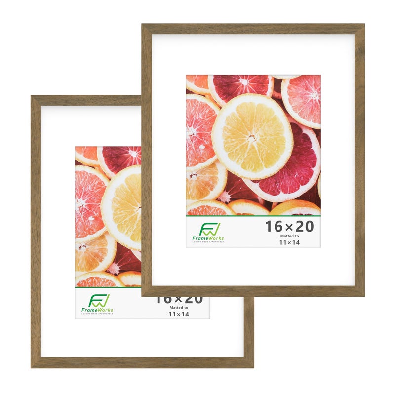 FrameWorks 16x20 mat to 11x14 Classic Wooden Picture Frames With Tempered Glass  Dark Oak  2Pack