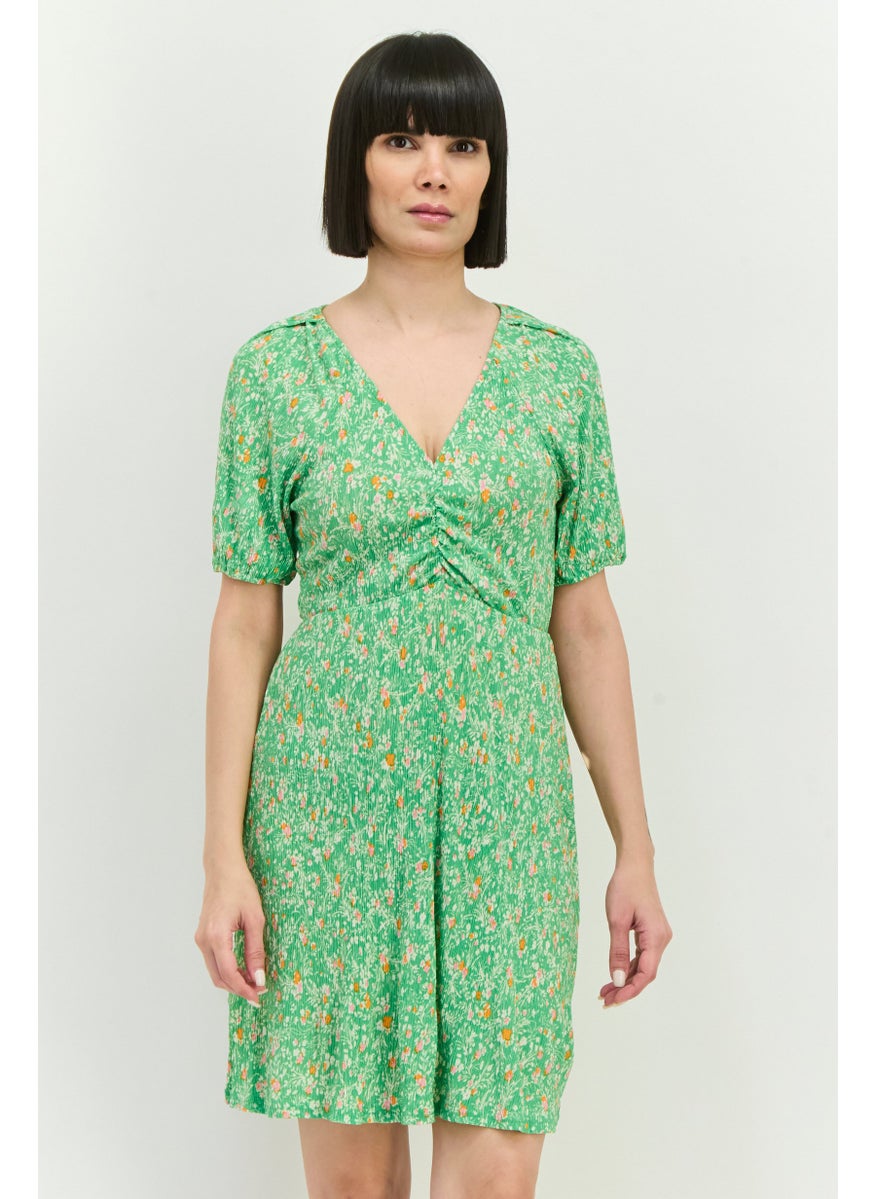 MANGO Women Floral Printed Mini Dress, Green Combo  - Image 1