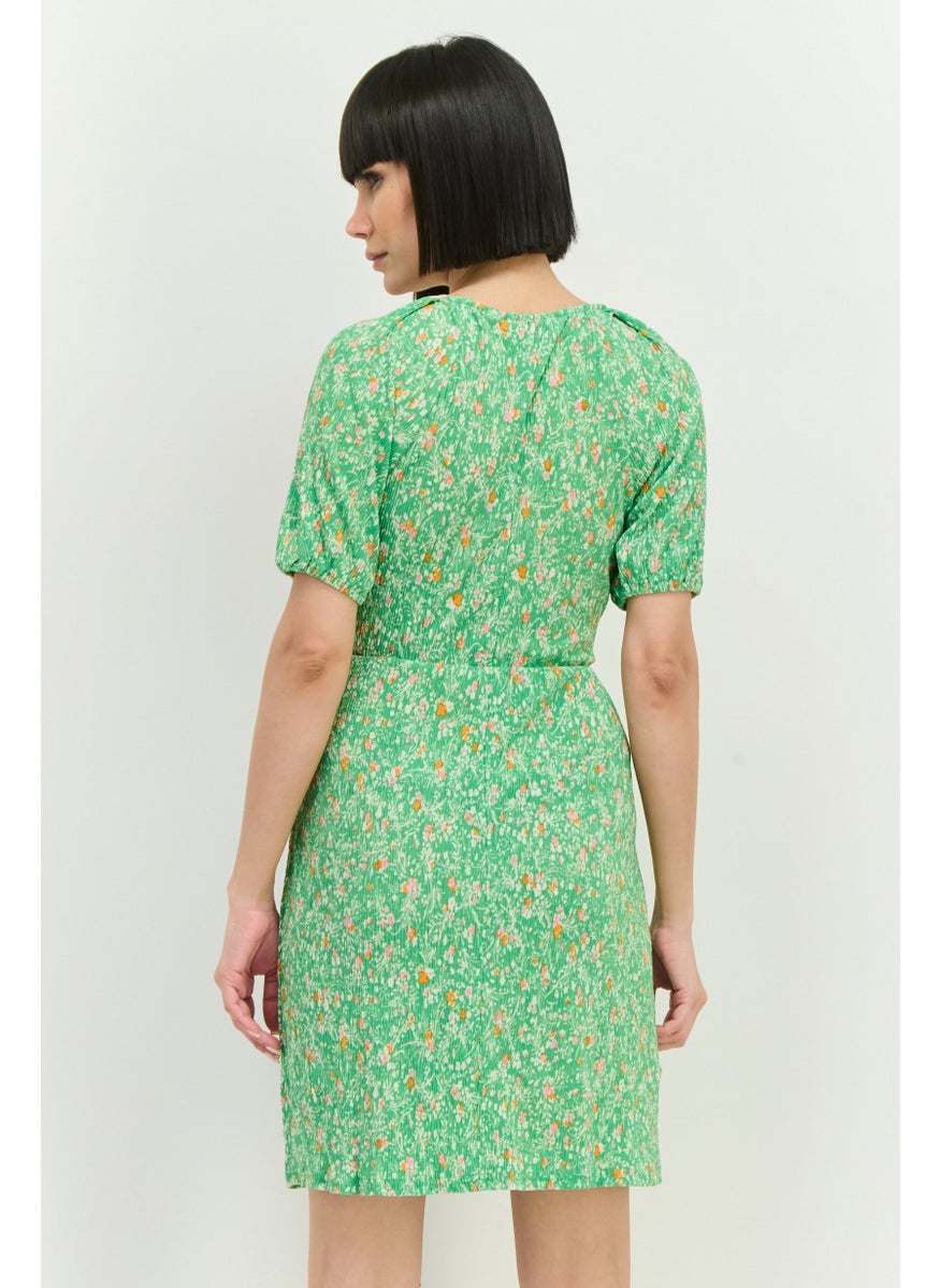 MANGO Women Floral Printed Mini Dress, Green Combo  - Image 3