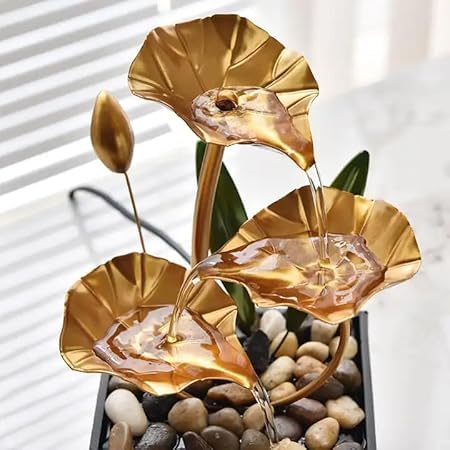 QURAX QURAX Metal Tabletop Water Fountain 3 Tier Relaxation Fountain Waterfall Lotus Shape Fountain Mini Waterfall for Indoor Use Natural River Rocks for Indoor Dcor Office Living Room Bedroom  - Image 4